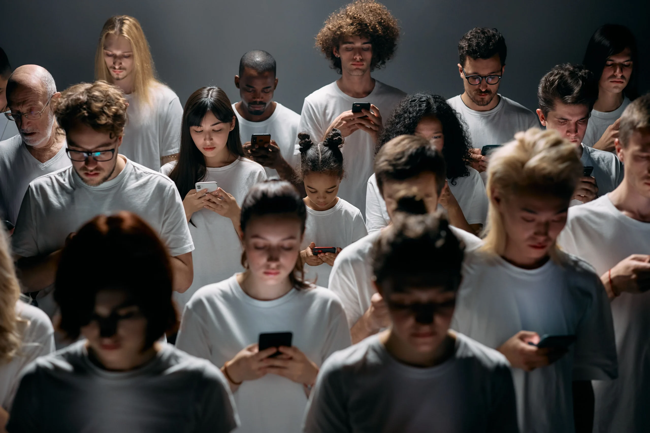 A crowd of people looking at smartphones representing mass content consumption online