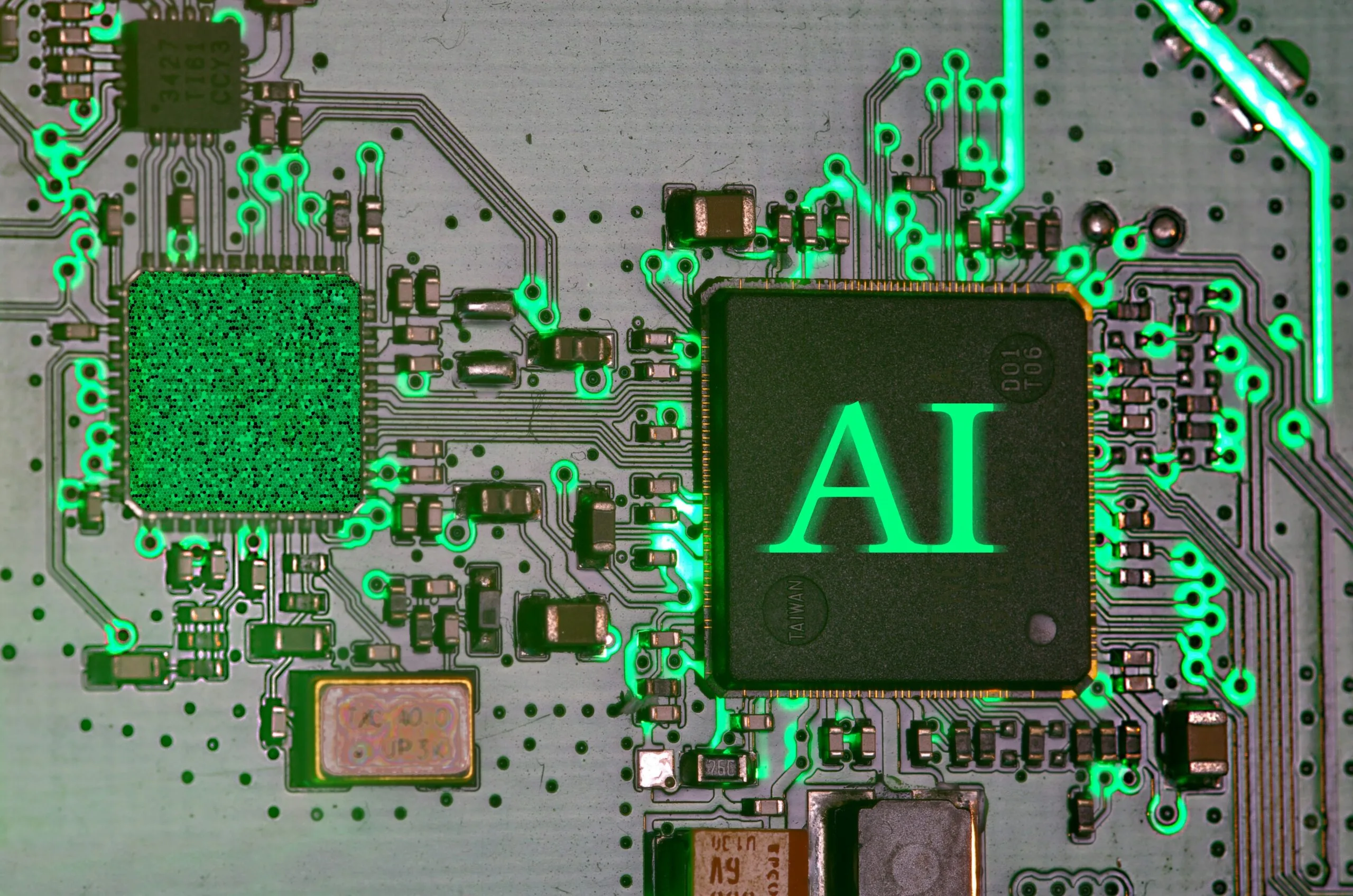 Green glowing circuit board with central AI microchip